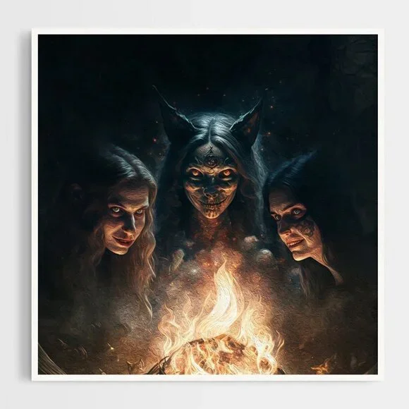 8x8 Witches Around Fire Dark Ritual Fantasy Art Watercolor Oil Painting Print - Picture 2 of 6
